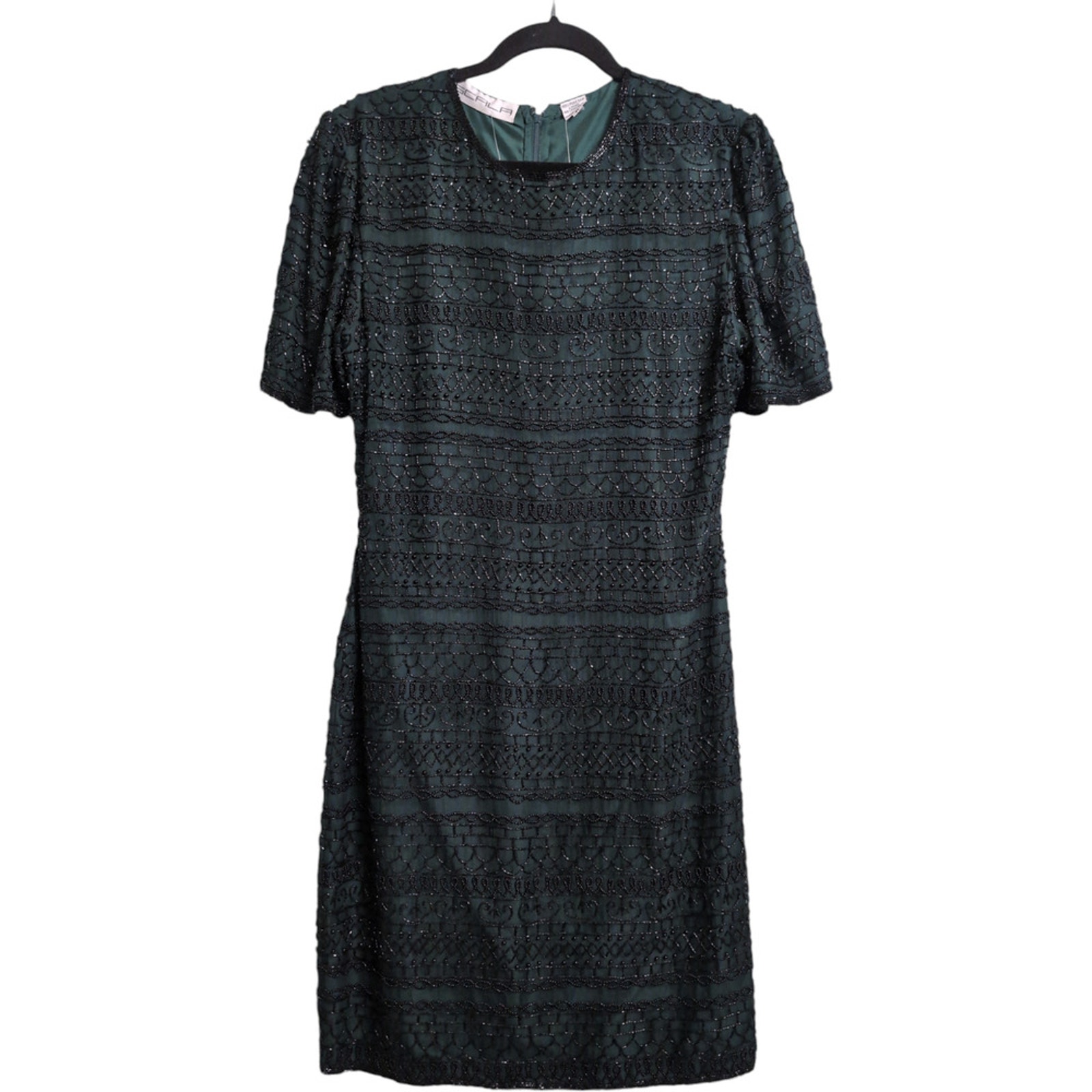 Nwt Scala Green Sequins Beads Short Sleeve Shift Dress Deadstock Size M Flaw